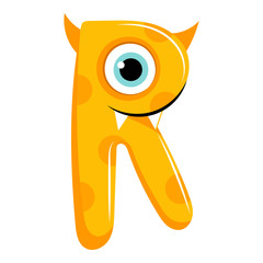 Kids cartoon alphabet. Cartoon cheerful letter R isolated on the white background. Flat style. Vector illustration