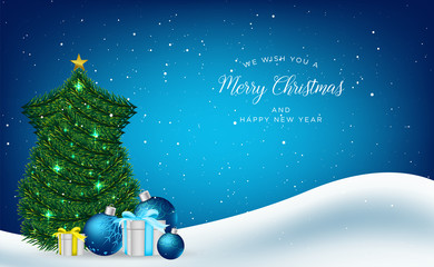 christmas banner, greeting card with realistic decorative elements on blue background