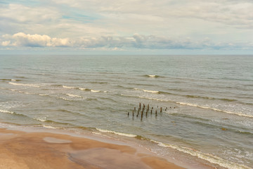 Fototapeta na wymiar Wooden piles of an old pier in the Baltic Sea