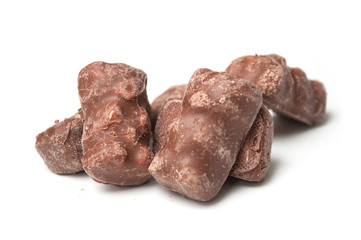 Closeup of marshmallow chocolates in shaped bear on white background