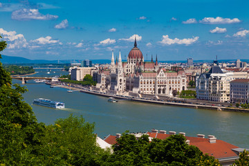 Panoramic view of the city of Budapest and the Hungarian Parliament Building