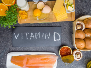 Food sources of vitamin D, including fish, egg, dairy, mushrooms, greenery, caviar, orange, corn