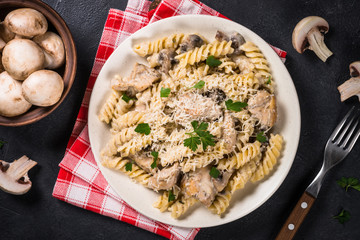 Pasta with Chicken and mushrooms In cream sauce.