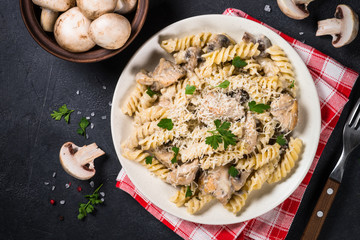 Pasta with Chicken and mushrooms In cream sauce.