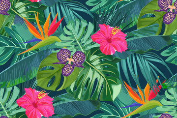 Summer seamless pattern with tropical palm leaves and hibiscus. Jungle fashion print. Hawaiian background. Vector illustration