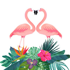 Tropical pattern with flamingos, palm leaves and flowers. Jungle summer plant. Hawaii background. Vector illustration