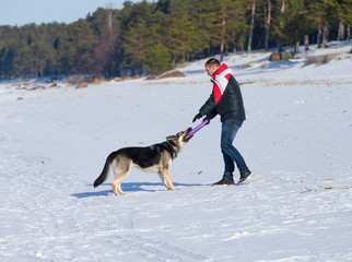 A man playing with a dog on a sunny winter day