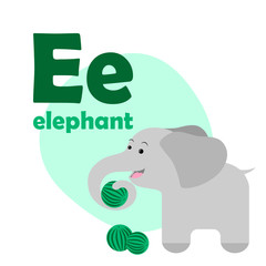 ABC Alphabet illustration. Vector cute kids animal alphabet. Letter E. Cute cartoon elephant.