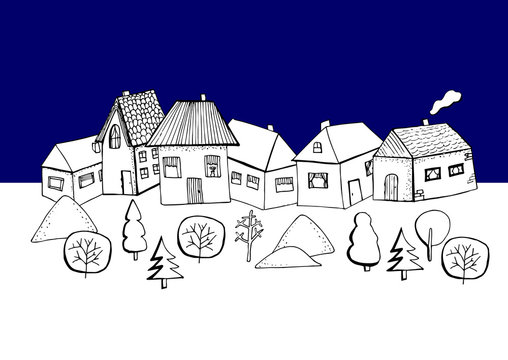 Vector houses and trees Hand draw blue white color