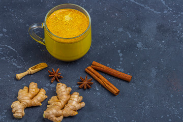 Traditional Indian drink turmeric milk is golden milk in glass mug with  turmeric and root ginger, cinnamon, anis star on dark background. Weight loss, healthy and organic drink. Close up, copy space 