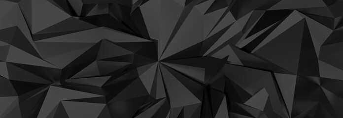 3d ILLUSTRATION, of black abstract crystal background, triangular texture, wide panoramic for wallpaper, 3d black background low poly design