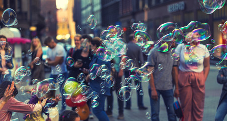 Soap bubbles on the square in Riga
