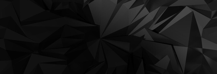 3d ILLUSTRATION, of black abstract crystal background, triangular texture, wide panoramic for wallpaper, 3d black background low poly design