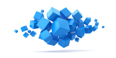 A lot of flying blue cubes on a white background. 3d render illustration. - obrazy, fototapety, plakaty