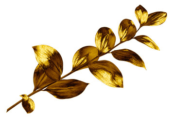 Tree branch with golden leaves on white background isolated closeup, decorative gold color plant...