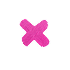 Pink lipstick swatch sample texture in shape of the cross or plus sign isolated on white background. Cream makeup texture of lip gloss smear smudge