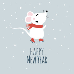 Funny cartoon mouse on skates. Winter card with new year 2020 cute rat,  mouse. Vector illustration of chinese 2020 new year symbol