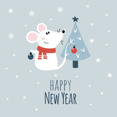 Funny cartoon mouse decorates a christmas tree. Winter card with new year 2020 cute rat,  mouse. Vector illustration of chinese 2020 new year symbol