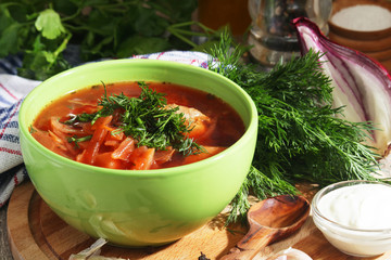 A bowl with traditional Ukrainian borscht