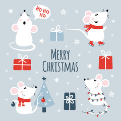 Cute cartoon mouse set. Funny mice with christmas tree, garland,  on skates. Cartoon Christmas and new year 2020 cute mouse, rat set. Vector collection of chinese 2020 new year symbol