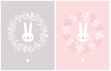 Lovely Easter Vector Illustration with Bunnies in a Floral Round Shape Wreath. White Bunny Isolated on a Gray and Pink Background. Cute Nursery Art for Baby Girl ideal fo Card, Poster, Wall Art.