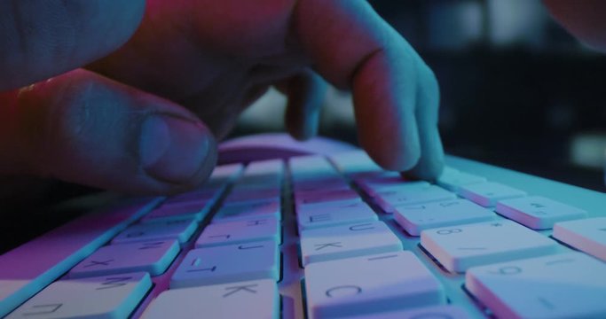 Man Programmer Fingers Working On Computer Dim Lit Communication Technology Neural Network Slow Motion Macro 8k
