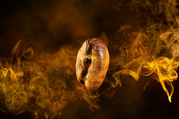 close up of a coffee bean wrapped in orange smoke swirl flying on dark background