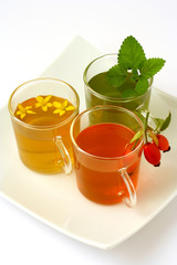 Three infusions, Hypericum, lemon balm and rose hips.
