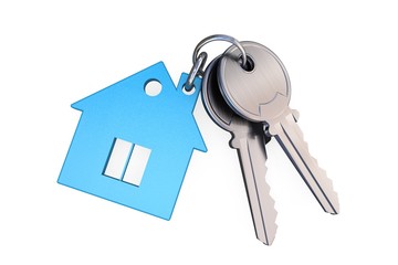 3D illustration: Blue transparent glass keychain in the form of a house with a pipe and a window connected by a ring with two metal keys. Symbol of a new apartment. Buying a home on credit. Mortgage.