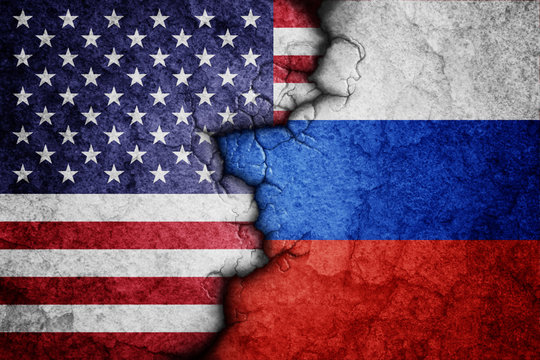 Flags of USA and Russia in confrontation