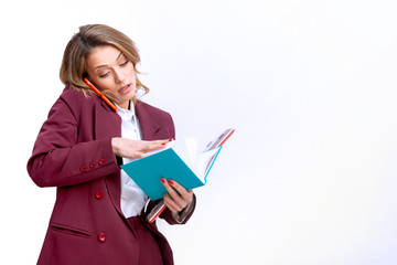 business woman with phone on a white background