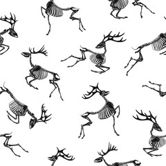 Deer skeleton. Seamless pattern with skull and bones of horned deers. Black and white.