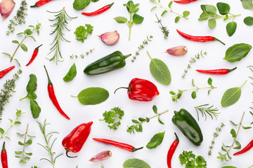 Spice herbal leaves and chili pepper on white background. Vegetables pattern. Floral and vegetables on white background. Top view, flat lay.