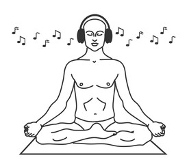 A man in headphones is meditating on a white background. Silhouette. Vector illustration.