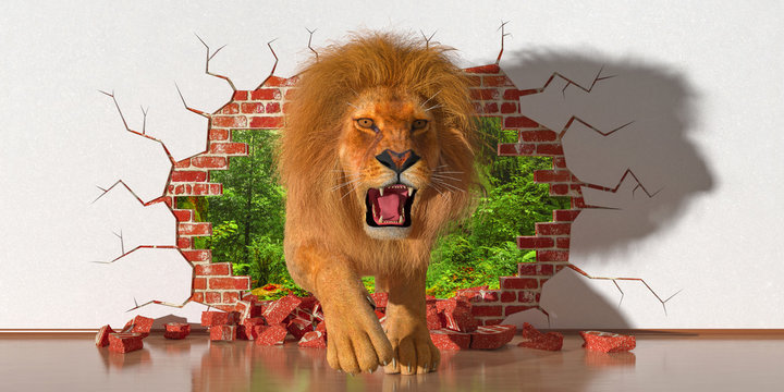 lion emerging from a fault in the wall