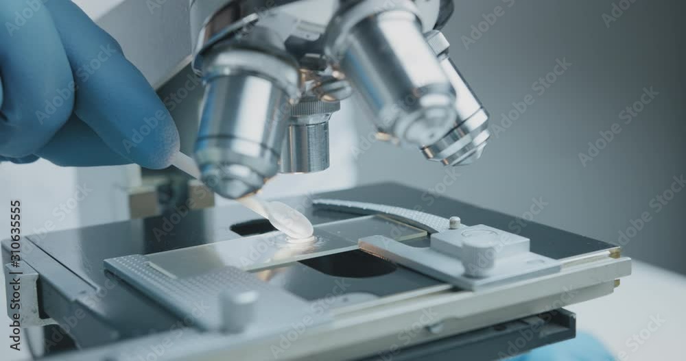 Wall mural close up shot of the scientist studies examining of test sample under the microscope in laboratory.