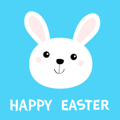 Happy Easter. White bunny rabbit hare face head round icon. Cute kawaii cartoon funny character. Baby greeting card. Blue background. Flat design.