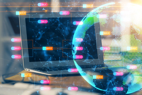 Multi exposure of table with computer and world map hologram. International data network concept.