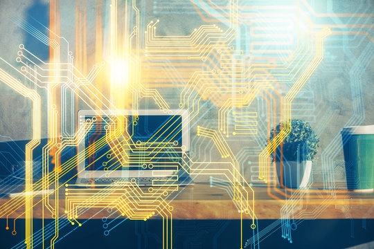 Multi exposure of table with computer and world map hologram. International data network concept. - Powered by Adobe