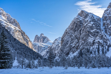 Obraz premium winter Mountain landscape in the Three Peaks Dolomites area near Toblach and Innichen, South Tyrol, Italy, landscape photography