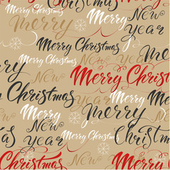 New Year's and Christmas. Lettering. Festive seamless pattern with fonts, text, snowflakes for packaging, decorations, fabrics, gifts.