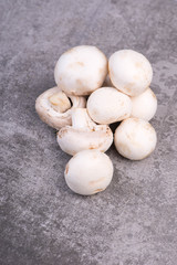 White champignons on a grey structured background
