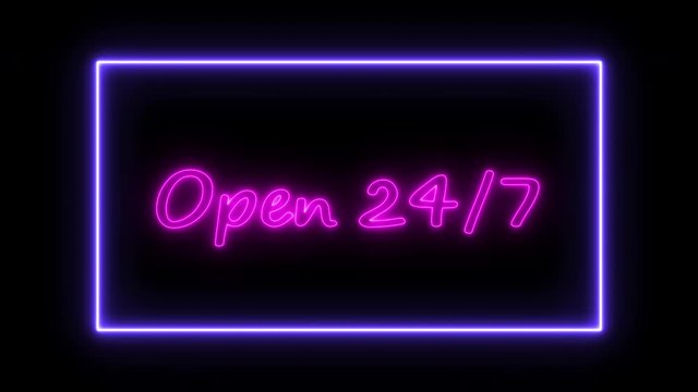 Open 24/7 hours neon sign fluorescent light glowing on banner background. Text by neon lights sign in night. The best stock neon hotel Open 24 hours flickering, flash, blinking on black background