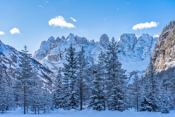 Fototapeta na wymiar winter Mountain landscape in the Three Peaks Dolomites area near Toblach and Innichen, South Tyrol, Italy, landscape photography