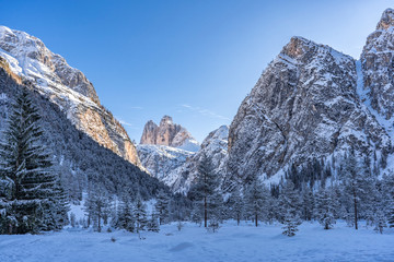 Fototapeta na wymiar winter Mountain landscape in the Three Peaks Dolomites area near Toblach and Innichen, South Tyrol, Italy, landscape photography