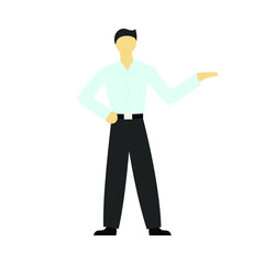 Man in blue shirt and black pants. Vector illustration. Flat design.
