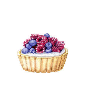 Berry cake of shortcrust pastry and whipped cream souffle decorated with raspberries and blueberries isolated on a white background