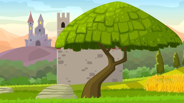 Castles on hills medieval looped landscape, seamless looped cartoon