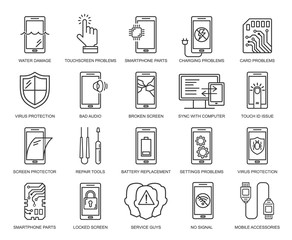 Mobile repair service line style icons set. Phone fix pattern. Smartphone common issues,  repair and accessories logos. Mobile service thin line logotype and symbols. Electronic equipment, technology.
