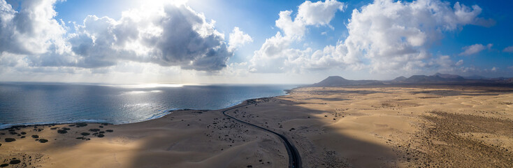 Fuerteventura, Corralejo sand dunes nature park. Beautiful Aerial Shot. Canary Islands, Spain
